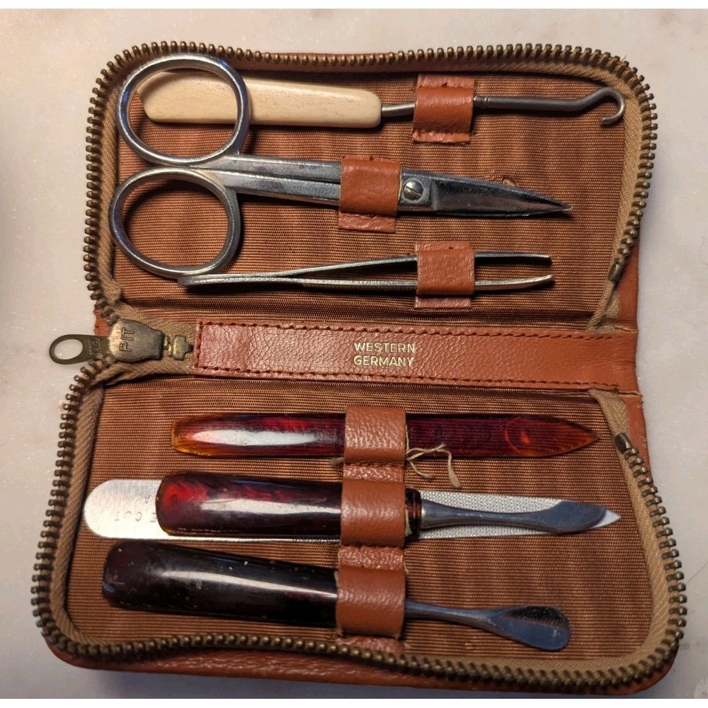 Vintage West Germany Travel Grooming Kit Set Brown Zip around Case Leather MCM